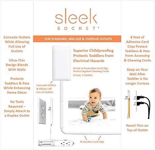 Sleek Socket No Shock Child Protector, Outlet & Plug Concealer with Protective Cord Clips, 8-Foot Flat Extension Cord with Multiple Outlets, Baby Proofing Outlet Cover, No Access to Dangerous Cords