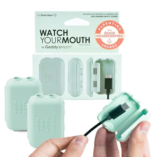 Geddy´s Mom Watch Your Mouth - The Award Winning Child Safety USDB Port Plug Cover| BPA & Phthalate-Free Charger Protector | Electrical Safety Baby Products (3-Pack, Dusty Aqua)