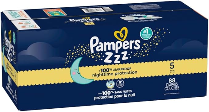 Pampers ZZZ Overnight Diapers, Size 5 (27+ lbs), 88 Count, Nighttime Protection Disposable Baby Diaper, Night Time Leak and Skin Protection