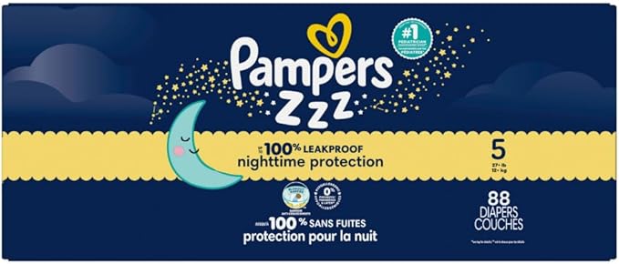 Pampers ZZZ Overnight Diapers, Size 5 (27+ lbs), 88 Count, Nighttime Protection Disposable Baby Diaper, Night Time Leak and Skin Protection