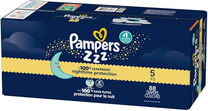 Pampers ZZZ Overnight Diapers, Size 5 (27+ lbs), 88 Count, Nighttime Protection Disposable Baby Diaper, Night Time Leak and Skin Protection