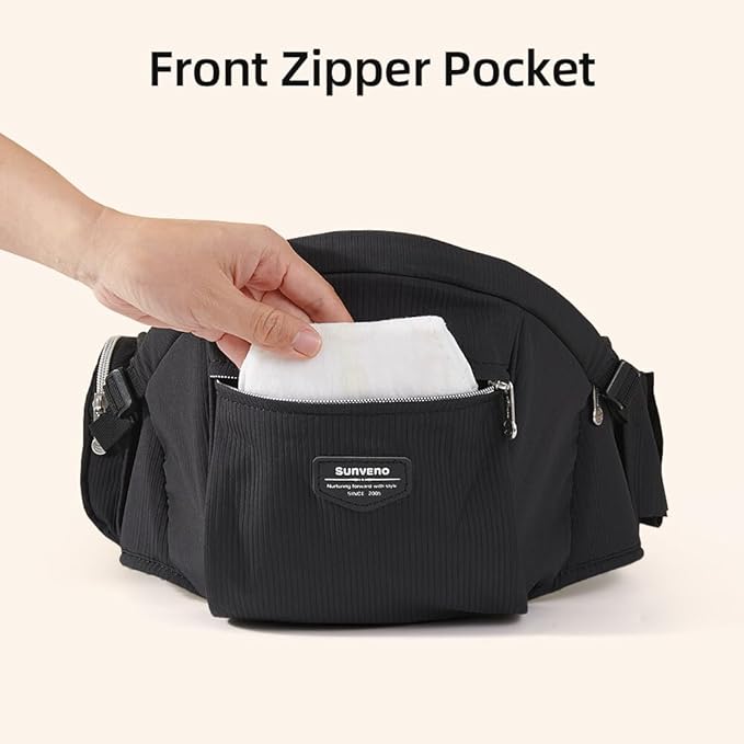 Sunveno Hip Baby Carrier with Seat,Ergonomic Baby Hip Carrier, Front-Facing Baby Holder, Anti-Slip Seat Surface, Wide and Adjustable Waistband, Multiple Pockets, Newborn to Toddler up to 45lbs, Black