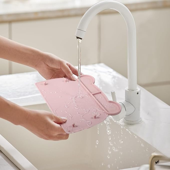 Picowe 2 Pack Silicone Suction Placemats for Babies with 8 Elastic Straps, Non-Slip Toddler Placemats for Dining Table, High Chair, Restaurant Use - Pink & Green