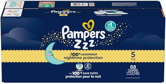 Pampers ZZZ Overnight Diapers, Size 5 (27+ lbs), 88 Count, Nighttime Protection Disposable Baby Diaper, Night Time Leak and Skin Protection