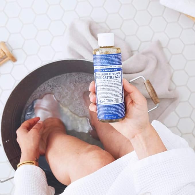 Dr. Bronner's Pure-Castile Magic Liquid Soap (Peppermint, 8 Ounce)- Made with Organic Oils, 18-in1 Uses: Face, Hair, Hand & Body Soap, Laundry, Pets- Concentrated, Vegan, Non-GMO