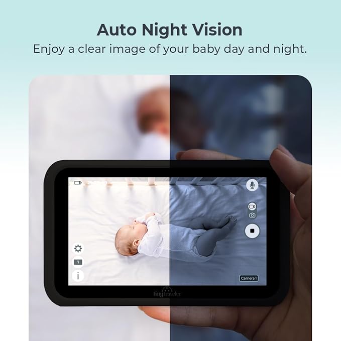 Tiny Traveler 5” HD Touch Screen Baby Car Monitor – Hackproof, No WiFi Baby Camera for Travel and Home, Night Vision, Headrest or Clamp Mount, Baby Reminder Alert - Black