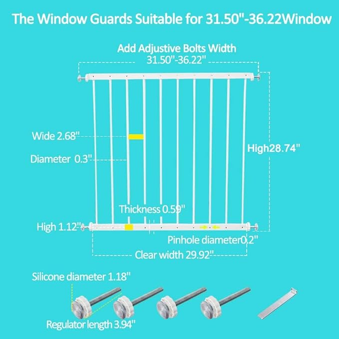 WAOWAO Window Safety Guards for Children Kids Child Toddler Pets Extra Wide White Tension Security Window Guard Gate for Home Fit 19.49-33.60" Sliding Windows (2Piece