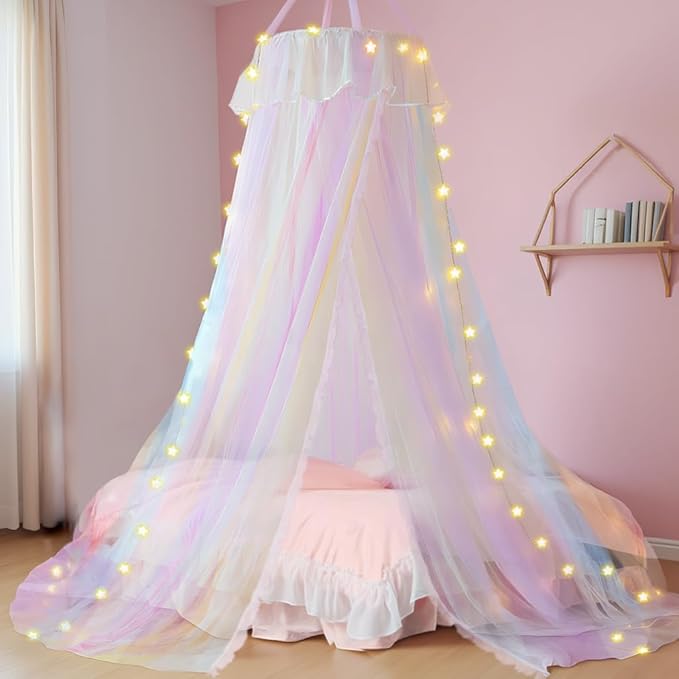 Rainbow Bed Canopy with Lights for Girls | Double Layer Mesh Netting Princess's Birthday Gift Ruffle Lace Decor for Room Bed Canopy Netting Mosquito Net | Home Decor for Twin/Full/Queen/King