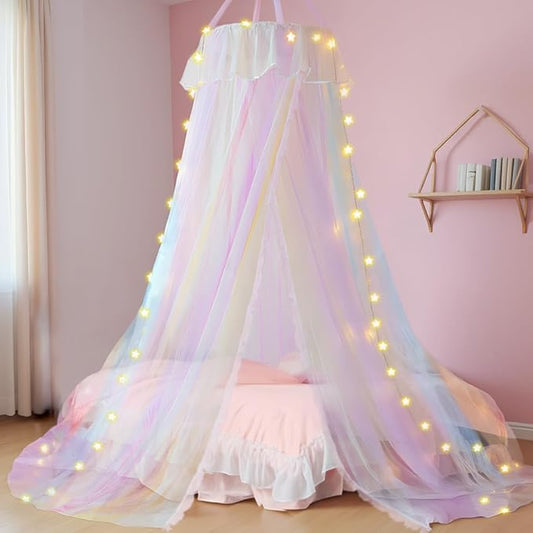 Rainbow Bed Canopy with Lights for Girls | Double Layer Mesh Netting Princess's Birthday Gift Ruffle Lace Decor for Room Bed Canopy Netting Mosquito Net | Home Decor for Twin/Full/Queen/King