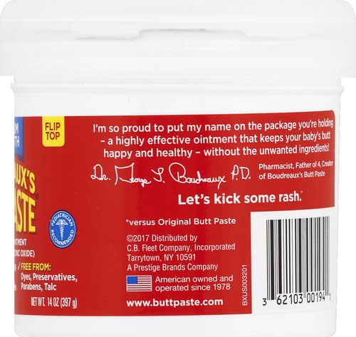 Boudreaux's Butt Paste Maximum Strength Diaper Rash Cream, Ointment for Baby, 14 oz Flip-Top Jar (Pack of 2)