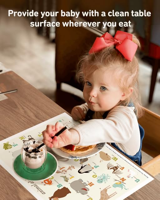 Babebay Disposable Stick-on Placemats 60 Pack for Baby & Kids & Toddler, Sticky Placemats Restaurant Table Mats 12" x 18" (Animal Alphabet)