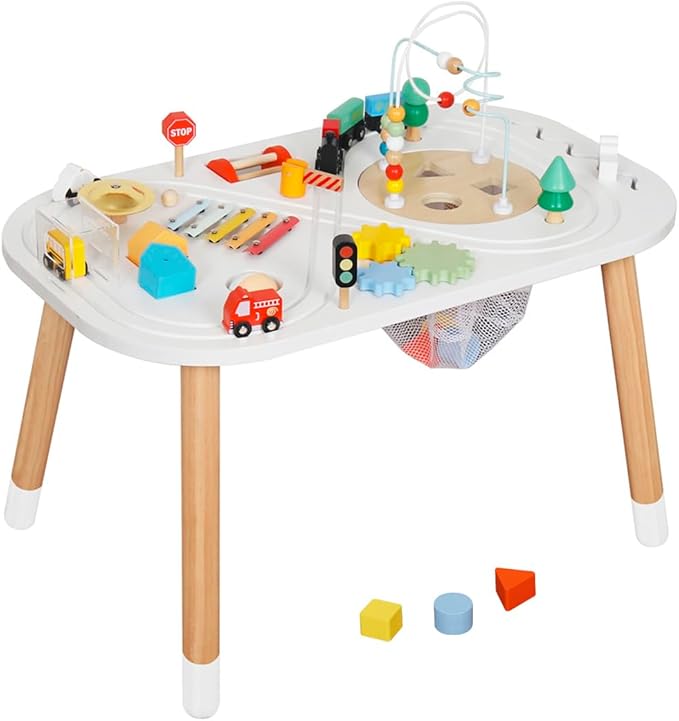 Baby Activity Cubes for Kids,Toddler Activity Cubes&Activity Center Table with Wooden Bead Mazes，Mini Toy Car,Gears&Blocks|Wooden Desk Play Table as Montessori Toy for 1 Year Old Boy Girl