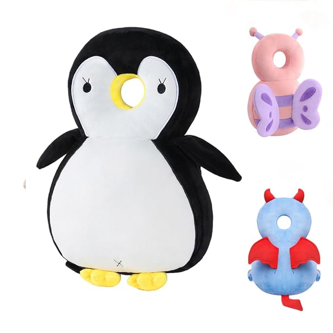 JunNeng Baby Head Protector Backpack, Toddler Walking Fall Head Protection, White Black Penguin