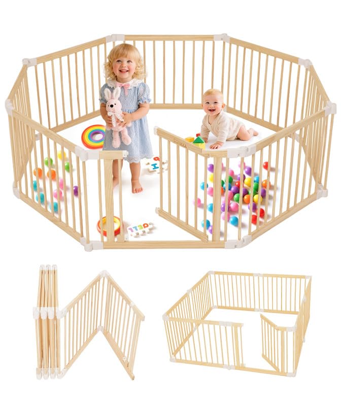 Foldable Wooden Baby Playpen Large Play Yard for Babies and Toddlers, 2 in 1 Portable Fence Custom 25" Tall Wood Gate with Adjustable Size & Shape for Infants 3-12 Months -63x63x25 inch
