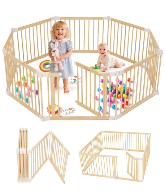 Foldable Wooden Baby Playpen Large Play Yard for Babies and Toddlers, 2 in 1 Portable Fence Custom 25" Tall Wood Gate with Adjustable Size & Shape for Infants 3-12 Months -63x63x25 inch