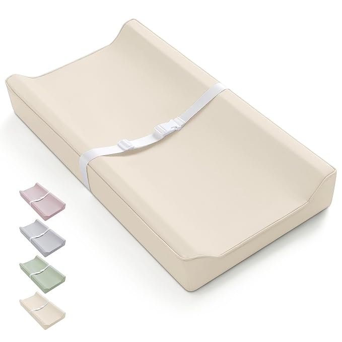 Blissful Diary Vegan Leather Baby Changing Pad with Waterproof & Wipe-Clean PU Cover, Standard Size Cozy Diaper Changing Pad for Dresser and Table, Beige