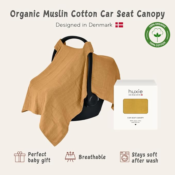 Denmark - 100% Organic Muslin Baby Car Seat Cover Muslin Carseat Canopy Baby Car Seat Covers for Boys and Girls (Autumn Yellow)