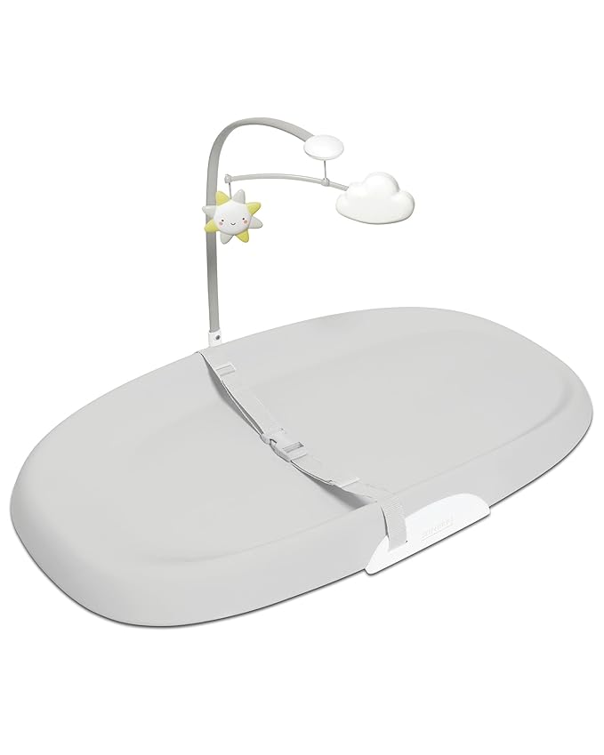 Skip Hop Baby Changing Pad Nursery Style Wipe-Clean Contoured with Cushioned Foam, Non-Skid Base, Built-in Safety Belt & Tuck-Away Toy Bar, Grey