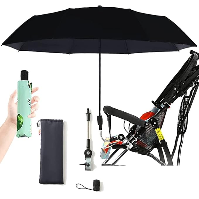 Universal Baby Stroller Sun Protection Parasol, with Umbrella Clip Fixing Device, UPF 90+ UV Protect Pushchair Sun Parasol (Black)