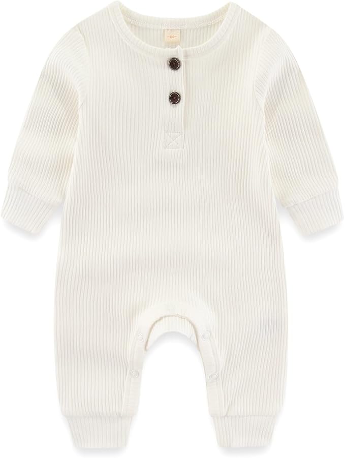 Newborn Baby Boys Girls One Piece Romper With Mitten Cuffs 3 Pack Long Sleeve Ribbed Button Jumpsuit Outfit Clothes