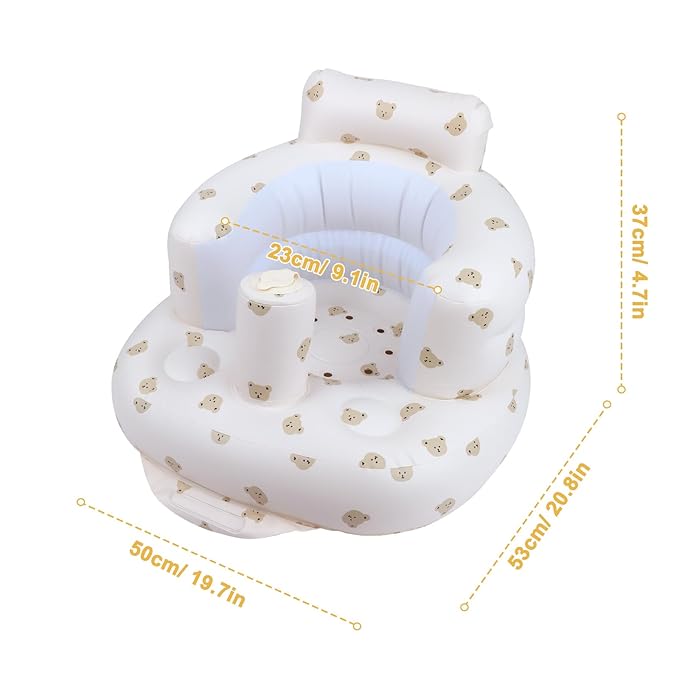 Baby Inflatable Seat with Suction Cups for Babies 3 Months & Up, Baby Floor Seats for Sitting Up with Built in Air Pump, Blow Up Baby Chair for Infants - Bear Head