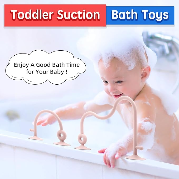 Baby Sensory Teething Chew High Chair Suction Toys for Infant Toddlers 6 12 18 24 Months Gifts, Food Grade Silicone Teether with Oak Loop Montessori Educational Baby Bath Toy (Pink)