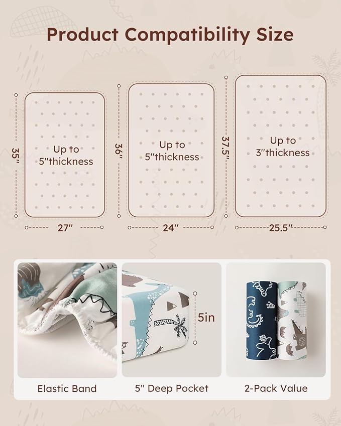 Yoofoss Baby Pack and Play Sheets 2 Pack for Boys and Girls - 38x26 Mini Crib Sheets Fitted Neutral Compatible with Graco Pack n Play Mattress,Ultra Soft Breathable Microfiber Dark Blue Dinosaurs