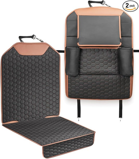 Owleys Set Car Seat Organizer Backseat Back Organizers & Seat Protector Kick Mat Back Of Seat Protector Automotive Organizer Seatback Toy Organization For Kids Behind Black Brown Tan