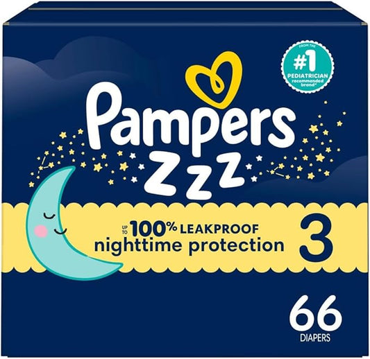 Pampers ZZZ Overnight Diapers, Size 3 (16-28 lbs), 66 Count, Nighttime Protection Disposable Baby Diaper, Night Time Leak and Skin Protection