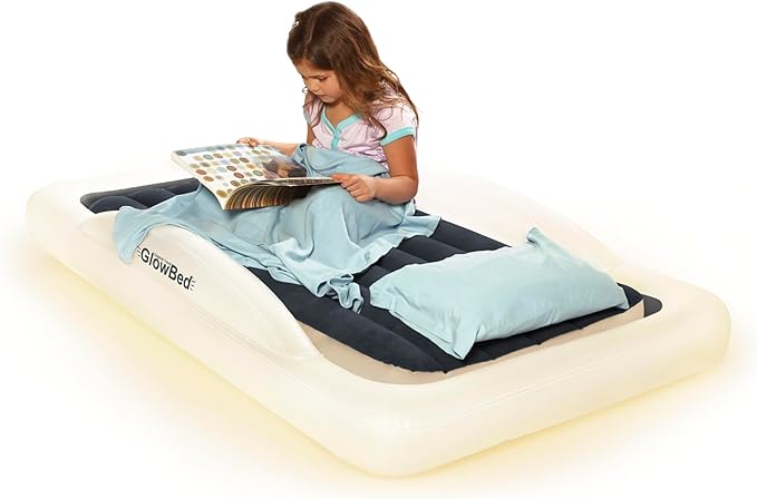 Inflatable Kids Travel Bed | Built-in LED Lights with Remote | Portable Toddler Bed for Kids | Travel Bed Air Mattress with Halo Effect | Twin Sized Mattress | Travel, Camping, Sleepovers
