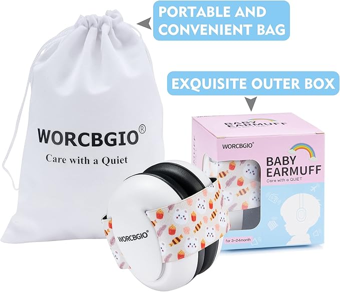 Infant Ear Protection Noise Cancelling Baby Ear Muffs, Toddler Hearing Protection with Adjustable Elastic Headband (Bear, White