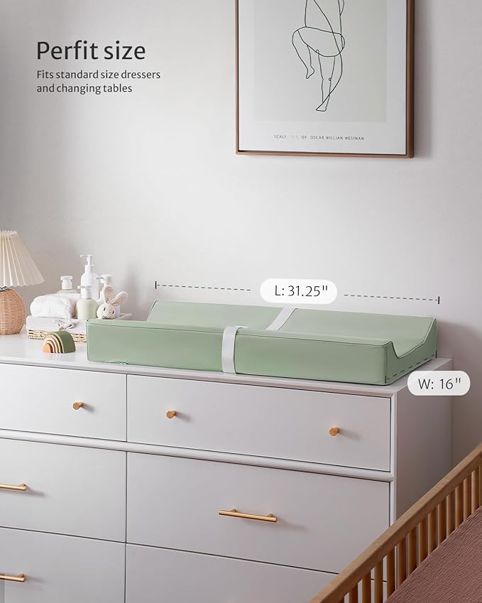 Blissful Diary Vegan Leather Baby Changing Pad with Waterproof & Wipe-Clean PU Cover, Standard Size Cozy Diaper Changing Pad for Dresser and Table, Light Green