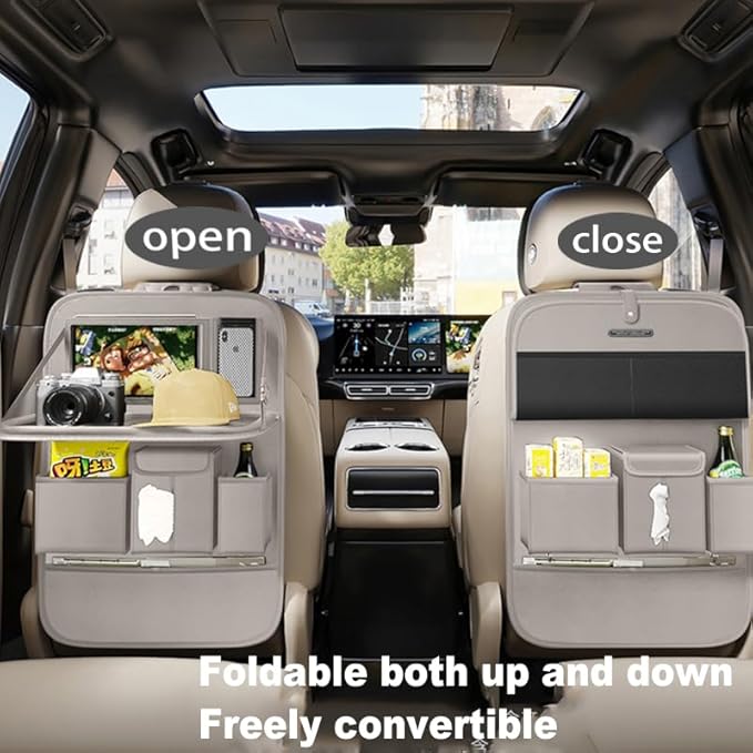 GMQ Back Seat Car Organizer 1 Pack,Backseat Organizer with Tray,Multifunctional Car Seat Back Storage Box with Foldable Tablet Holder (Grey, Plain weave)