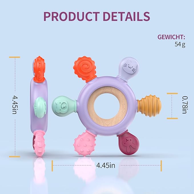 akolik Teething Toys for Babies, Baby Teethers Toy Teething Ring Silicone, Grasping Teething Toy, BPA Free Teething Newborn Accessories for Baby 0 3 6 9 12 18 Months (Purple)
