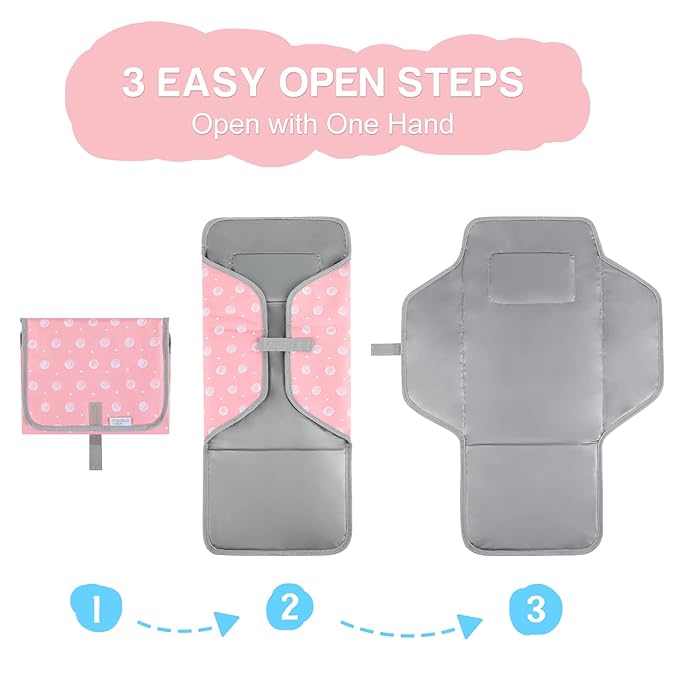 Portable Changing Pad for Baby, Compact Waterproof Diaper Mat with Built-in Cushion, Pink
