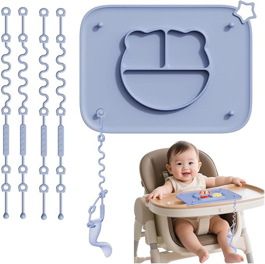1 Pack Silicone Mat for Babies, Baby Placemat Built-in Suction Base and Equipped 4 Toy Straps & Anti-Peel Design, Activity Mat for Infants to Toddlers, Keeps Babies Essentials Off The Floor, Blue