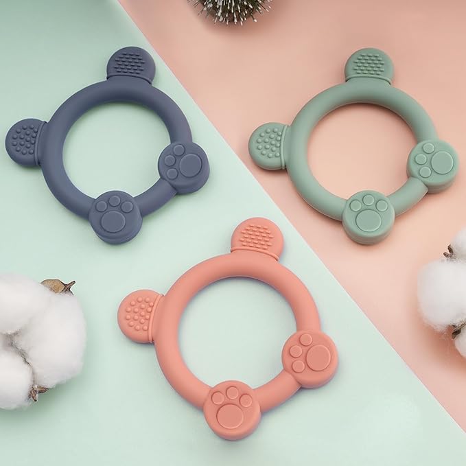 3 Pack Baby Teether, Bear-Shaped Silicone Teething Toys for Infants 0-24 Months, BPA-Free Chew Toys to Soothe Sore Gums (Pale Pink & Green & Blue)