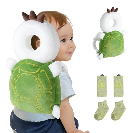Baby Head Protector Backpack (9 to 24 Months) - Cute Head Guard Pillow with Knee Pads and Socks, Crawling and Walking Safety Set, Toddler Head Cushion Backpack, Green Turtle