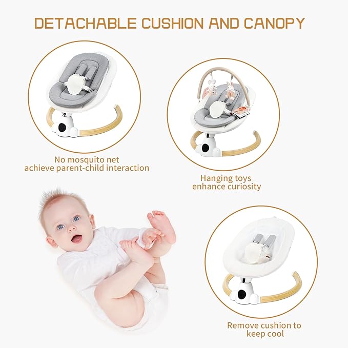 Baby Swing for Infants, Portable Electric Baby Swings with Bluetooth, 5 Swing Speed, 10 Lullabies, 5-Point Harness, Remote Control & Touch Panel - Infant Swing for Indoor & Outdoor Use, Wood Grain