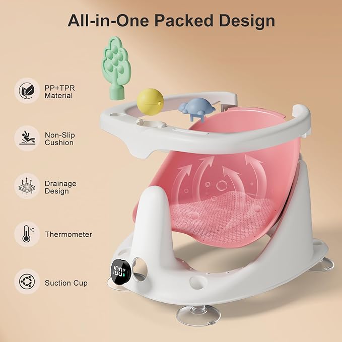 Baby Bath Seat for Babies 6 Months & Up - Bathtub Seats for Babies Sitting Up with Rinse Cup, Non-Slip, Comfortable, Infant Bath Essentials, Pink