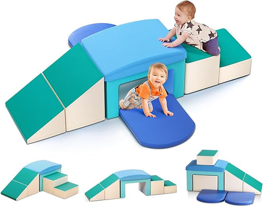 Lischwert Soft Foam Climber Play Set with Slide, Stairs, Ramp - Indoor Climbing Toys for Toddlers, 6 Pieces (Light Blue)