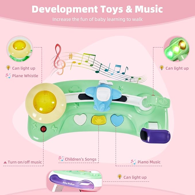 Music and Lights Baby Walker with Wheels,5-in-1 Baby Activity Center with Removable Toys and Music Bouncer,Adjustable Height Baby Walkers for Boys Girls Babies 6-18 Months