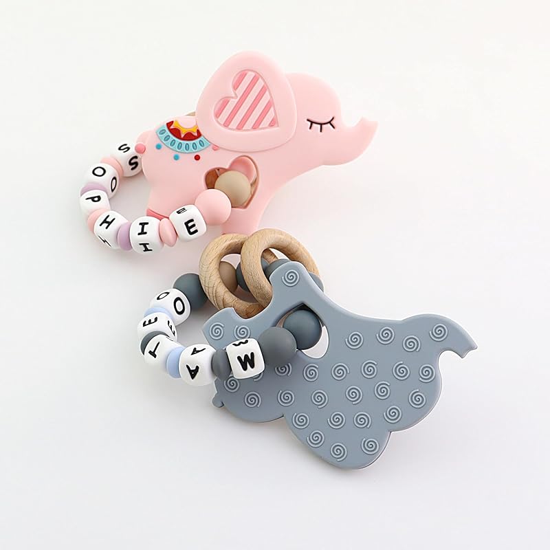 Personalized Baby Teether Rattle with Name – Custom Wooden Teething Toy for Boys & Girls – Handmade Elephant Keepsake Baby Shower Gift (Grey)