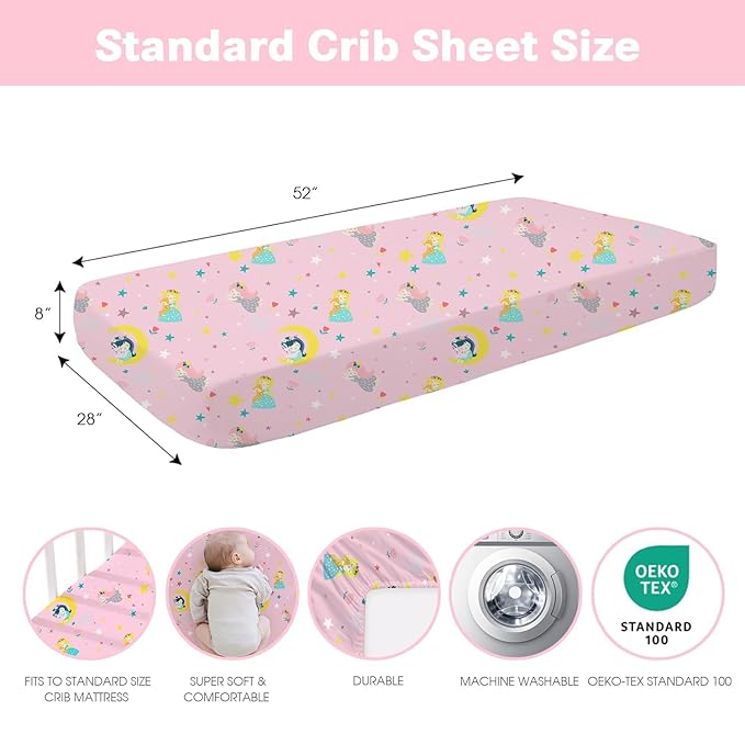 Plushii 4 Pack Fitted Crib Sheets for Baby Girls, 28"x 52" Extra Soft Microfiber Crib Sheet Set for Standard Crib & Toddler Mattress Pad, Rabbit & Moon & Bunny & Pink