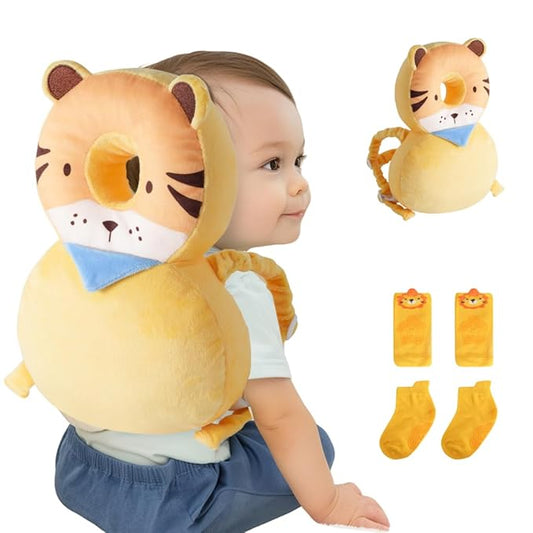 Baby Head Protector Backpack (9 to 24 Months) - Cute Head Guard Pillow with Knee Pads and Socks, Crawling and Walking Safety Set, Toddler Head Cushion Backpack, Yellow Lion