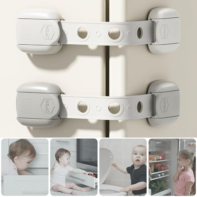 Child Safety Strap Locks (6 Pack) Baby Locks for Cabinets and Drawers, Toilet, Fridge & More. Adhesive Pads. Easy Installation, No Drilling Required, White/Gray (White, 6 pcs (Pack of 1))