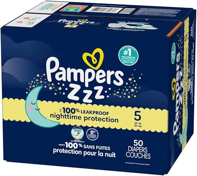 Pampers ZZZ Overnight Diapers, Size 5 (27+ lbs), 50 Count, Nighttime Protection Disposable Baby Diaper, Night Time Leak and Skin Protection