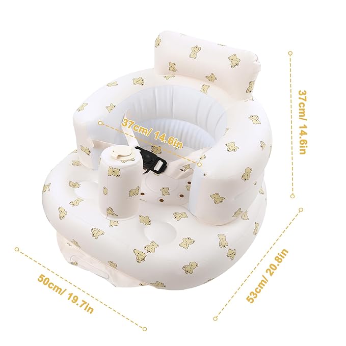 Inflatable Baby Seat with Harness for Babies 3 Months & Up, Baby Floor Chair for Sitting Up, Baby Seats for Infants, Blow Up Baby Chair with Built in Air Pump - Bear