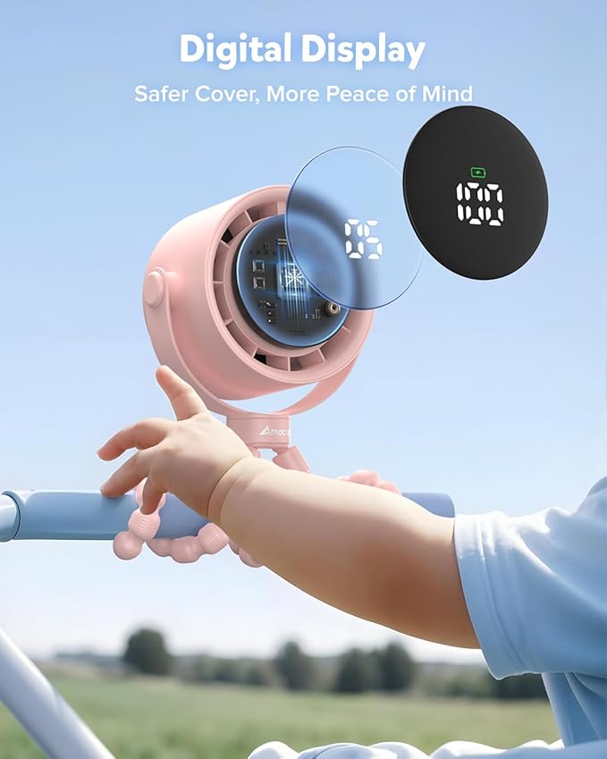 AMACOOL Baby Stroller Fan, Rechargeable Portable Clip on Fan, 17H Cooling with 5 Speeds, LED Display, 360°Rotate Personal Cooling Fans for Car Seat, Crib, Travel, Camping, Gifts for New Parents
