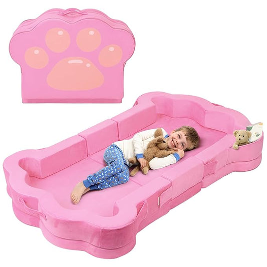 Foldable Portable Toddler Travel Bed,Toddler Floor Bed with Washable Cover for Kids,Soft and Safe (Pink)